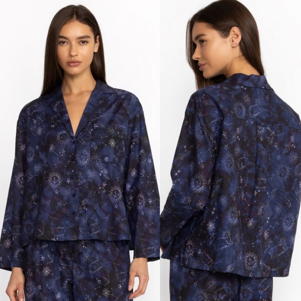 Johnny Was Bejewel Astrological Pajama Top, Navy Blue LARGE Celestial Cotton